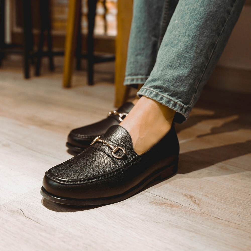 Men Black Pebble Grain Horsebit Driver Loafers