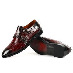 Burgundy Croc Monk Strap Shoes – Handcrafted Luxury for Men