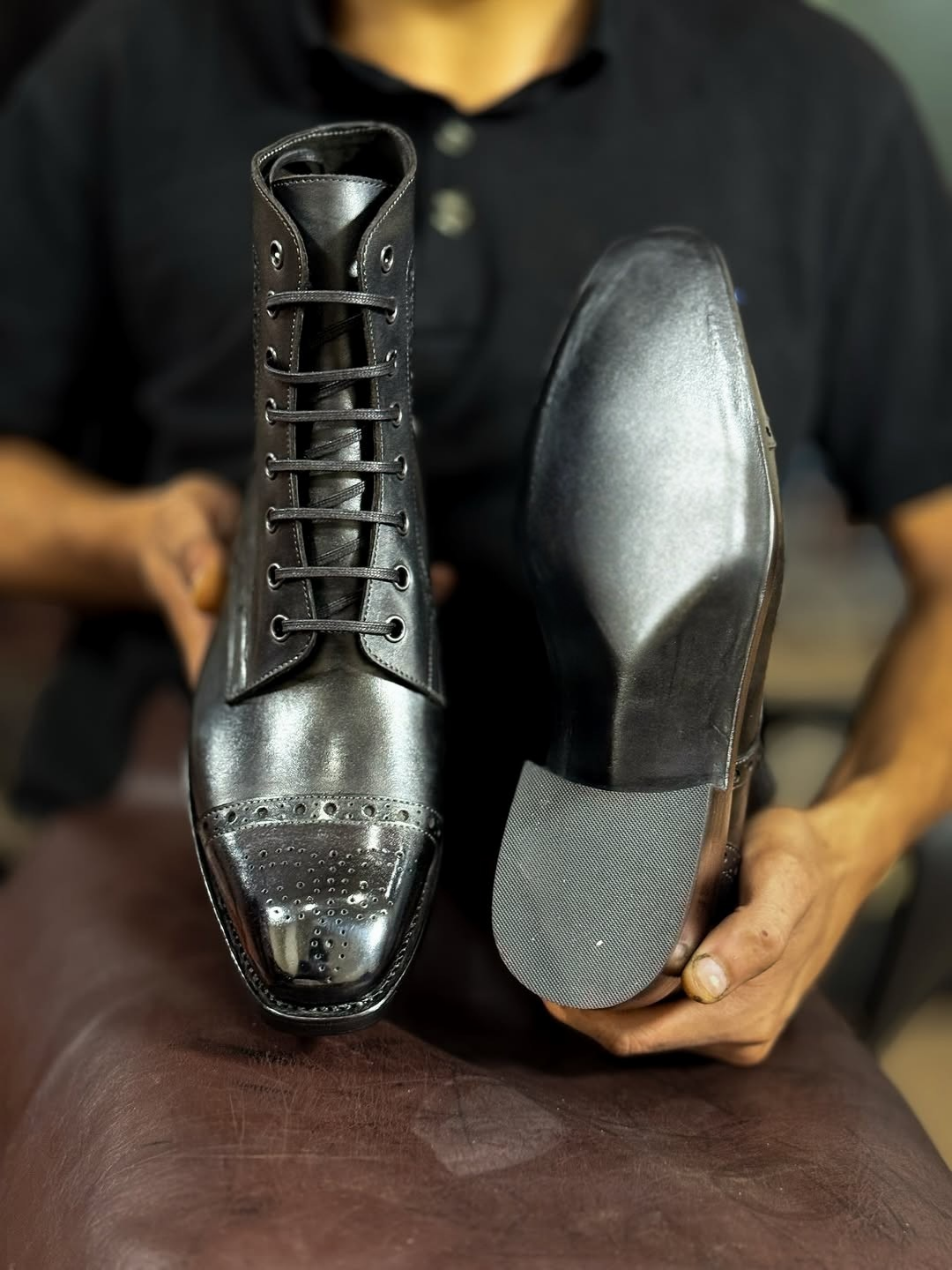 Harmain Leathers Men's Black Leather The London Black Brogue Boot - Handcrafted Leather, front view