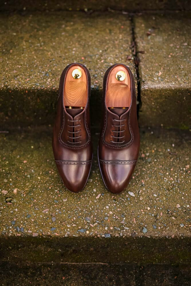 Men's Brown Hand-patina Brown Leather Oxford Shoes | Men's Cap Toe styled for dress wear, Harmain Leathers