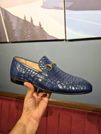 Blue Crocodile Emboss Horsebit Loafers.