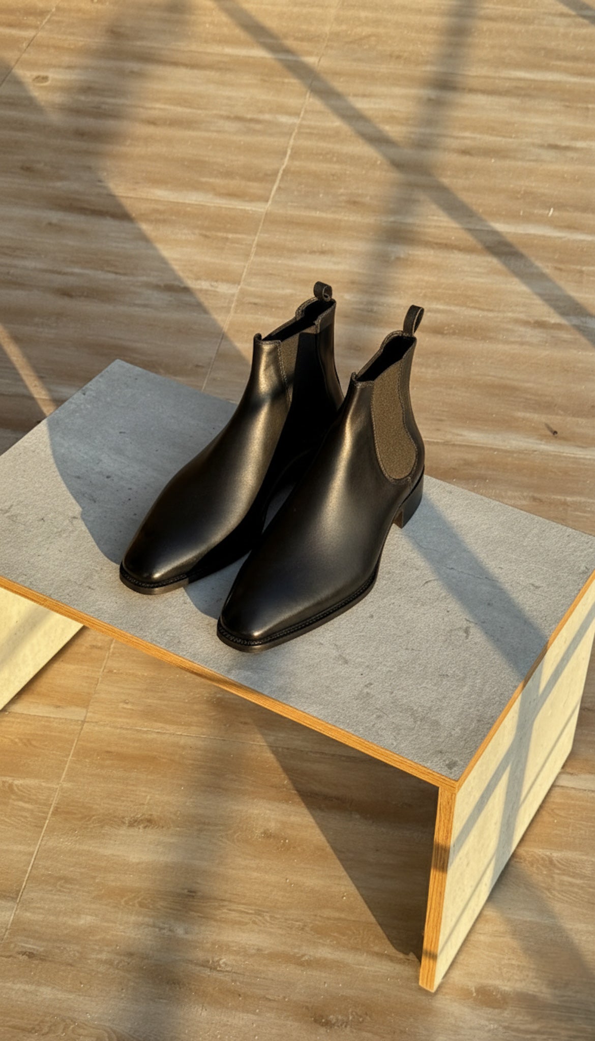 Men's Black The Executive Leather Chelsea Boot – Polished Black styled with denim, Harmain Leathers