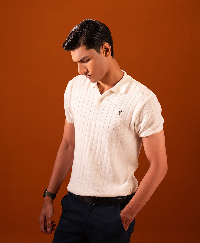 Men's White & Blue & Purple Knit Cotton Polo – Ribbed Texture & Classic Fit styled with chinos, Harmain Leathers