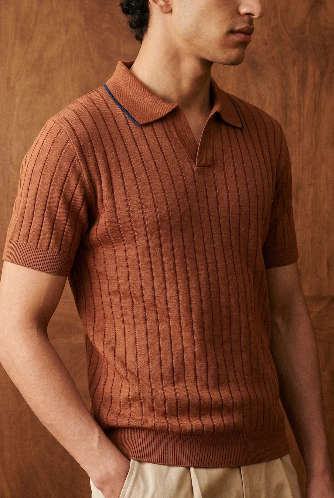 Harmain Leathers Men's Brown The Ribbed Knit Johnny Collar Polo In Terracotta, front view