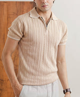 Beige Green Quarter-Zip Cable-Knit Polo