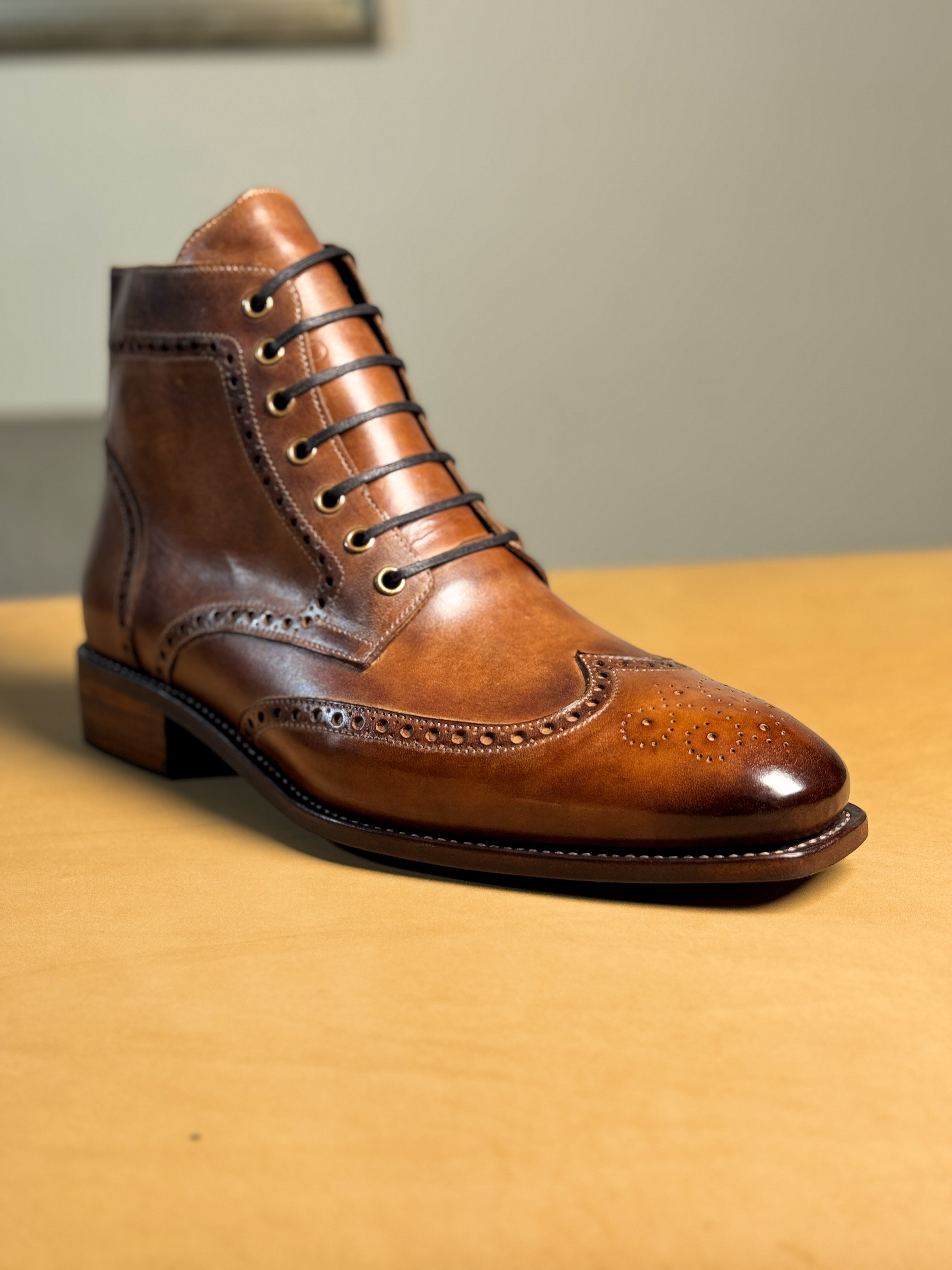 The Lancaster Burnished Brown Brogue Boot - Handcrafted Full-Grain Leather