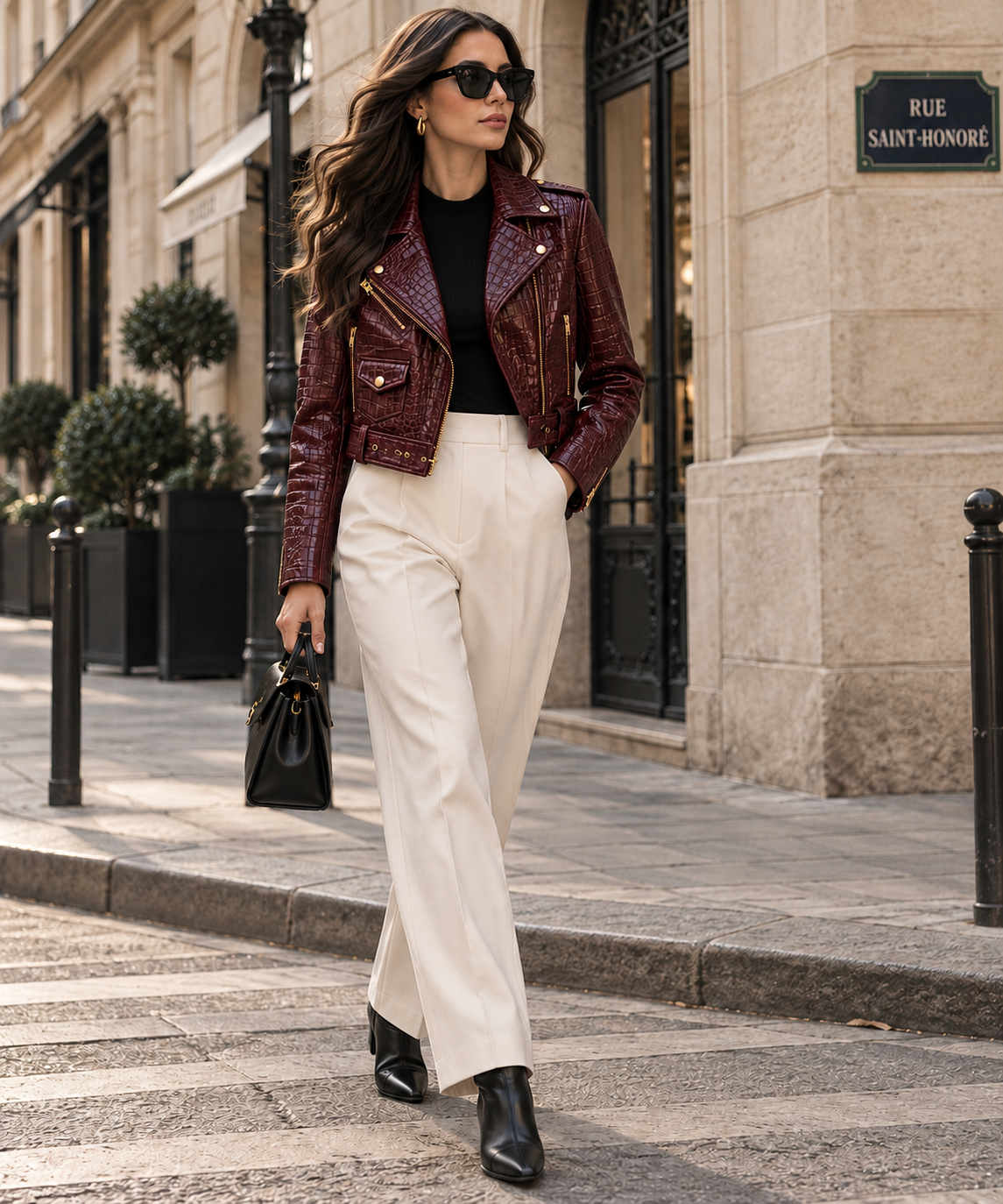 Burgundy Crocodile-Embossed Calf Leather Biker Jacket for Women