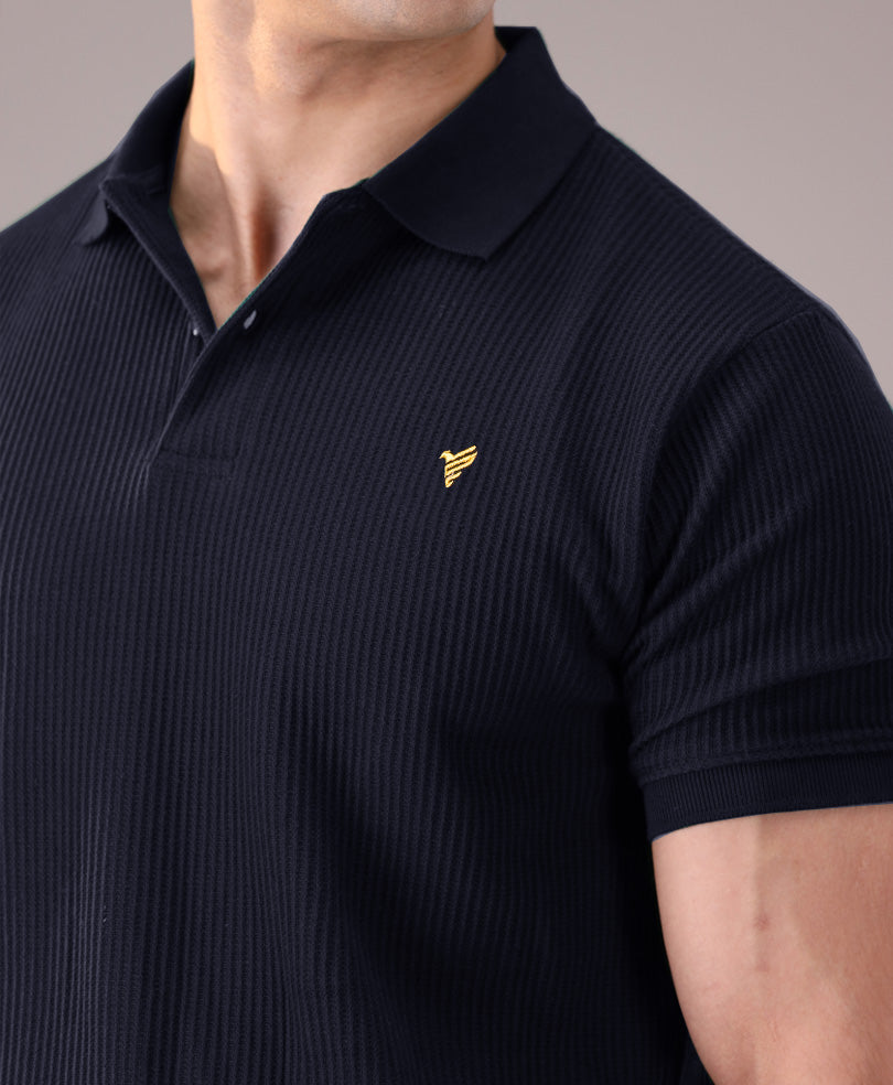 Harmain Leathers Men's Navy Men’s Textured Ribbed Polo – Midnight Navy, front view
