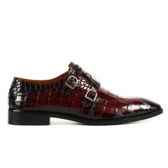 Burgundy Croc Monk Strap Shoes – Handcrafted Luxury for Men