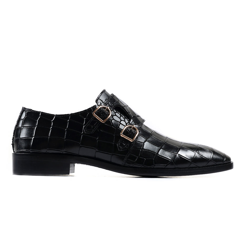 Men's Black Crocodile Pattern Double Monk Strap Shoes