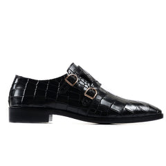 Men's Black Crocodile Pattern Double Monk Strap Shoes