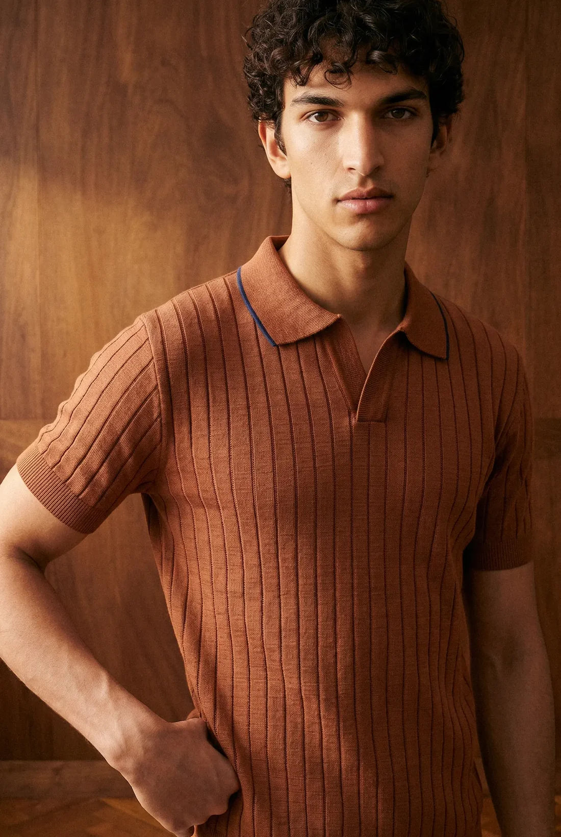 Men's Brown The Ribbed Knit Johnny Collar Polo In Terracotta styled with chinos, Harmain Leathers