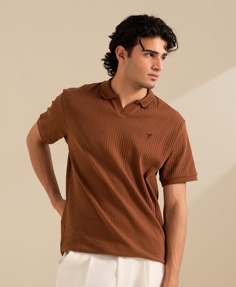 Men's Brown Men’s Ribbed Johnny Collar Polo – Toffee Brown styled with chinos, Harmain Leathers