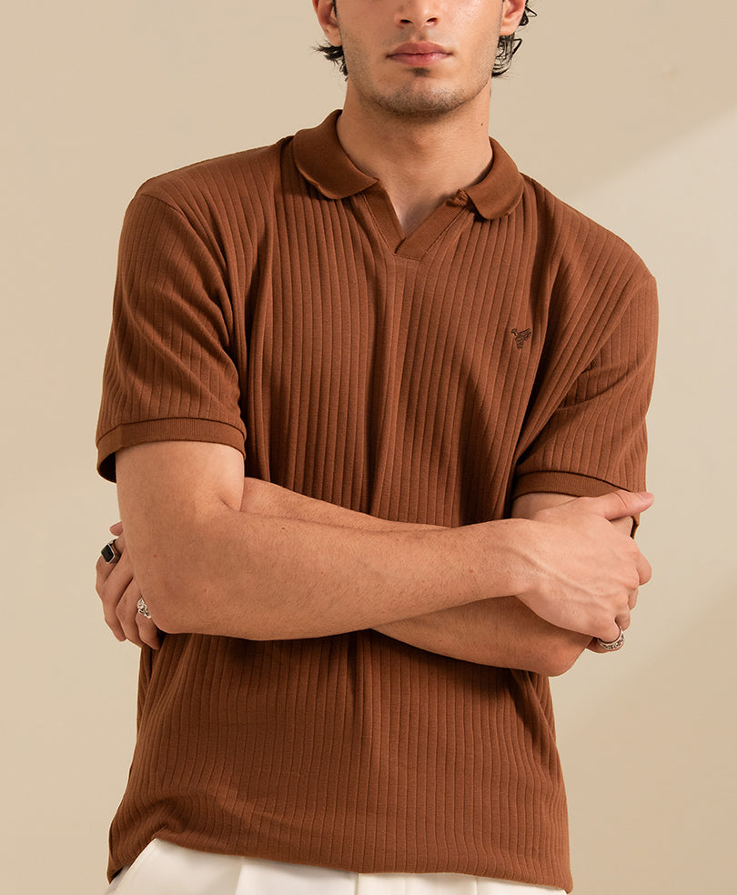Harmain Leathers Men's Brown Men’s Ribbed Johnny Collar Polo – Toffee Brown, front view