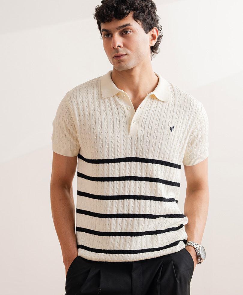 Men's Striped Knit Cable-Stitched Striped Polo – Antique Cream & Navy styled with chinos, Harmain Leathers