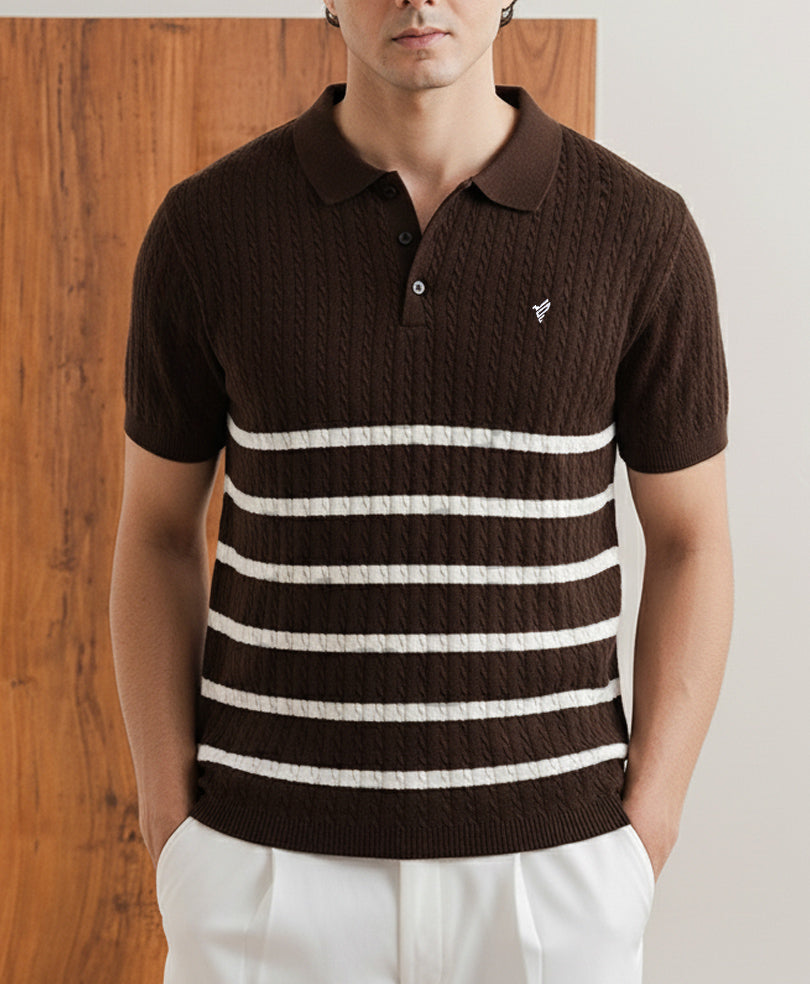 Harmain Leathers Men's Striped Knit Cable-Stitched Striped Polo – Espresso Brown & Ivory, front view