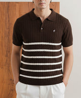 Knit Cable-Stitched Striped Polo – Espresso Brown & Ivory