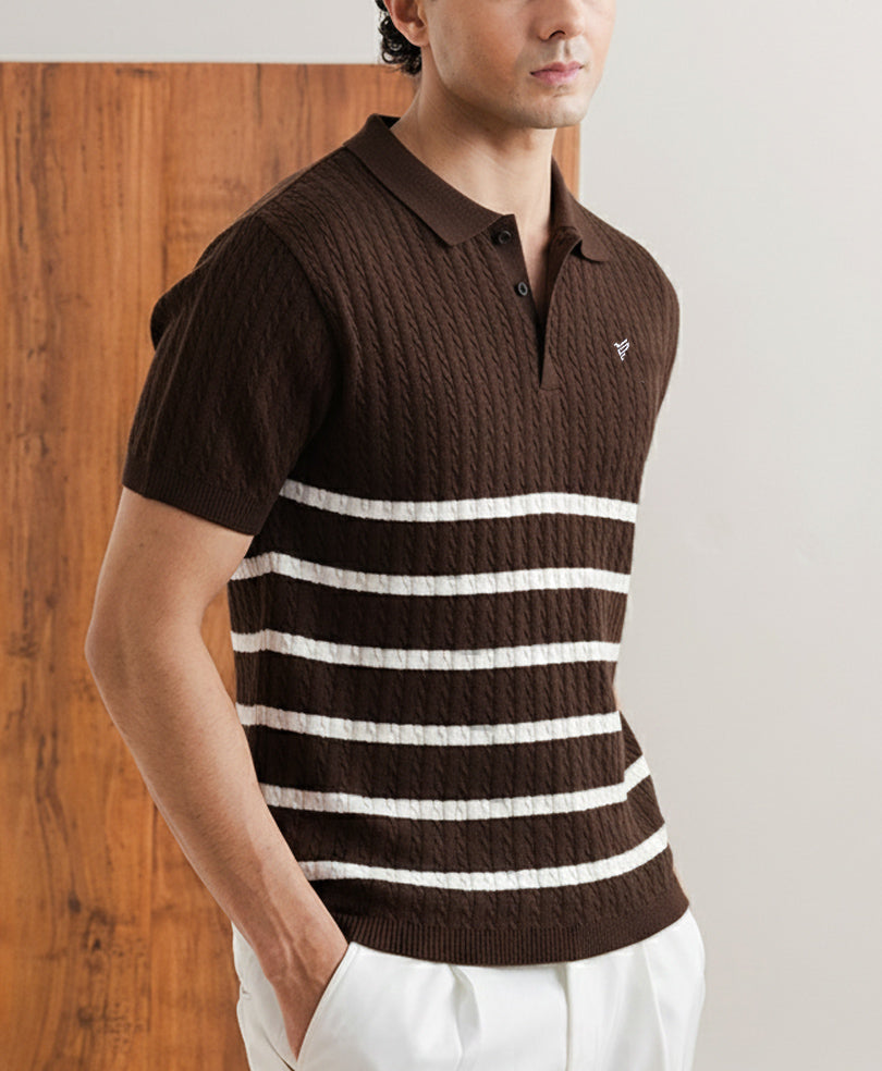 Men's Striped Knit Cable-Stitched Striped Polo – Espresso Brown & Ivory styled with chinos, Harmain Leathers