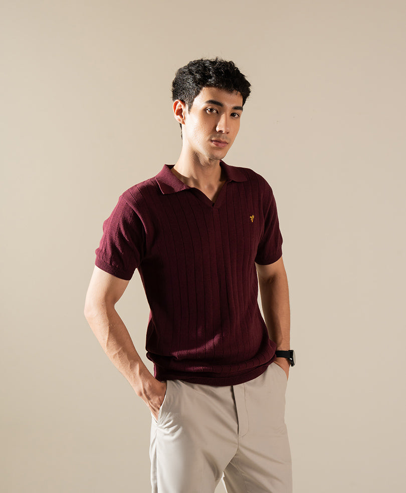 Men's Red Men’s Relaxed V-neck Ribbed Knit Polo – Heritage Burgundy styled with chinos, Harmain Leathers