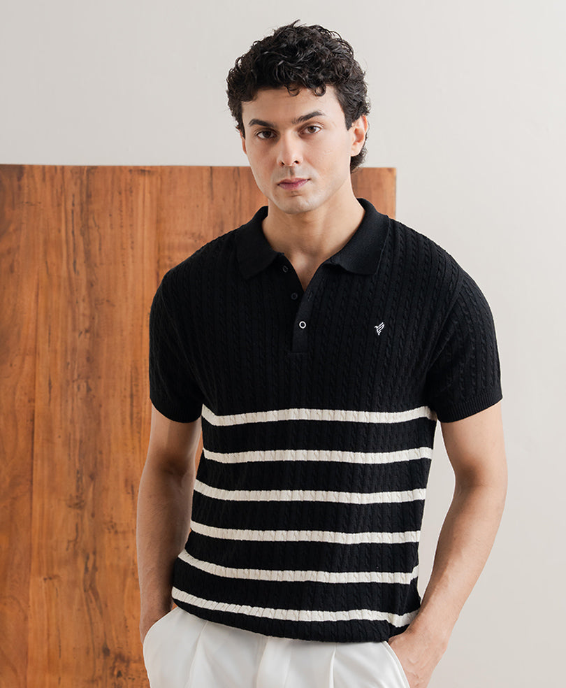 Men's Striped Knit Cable-Stitched Striped Polo – Midnight Black & Ivory styled with chinos, Harmain Leathers