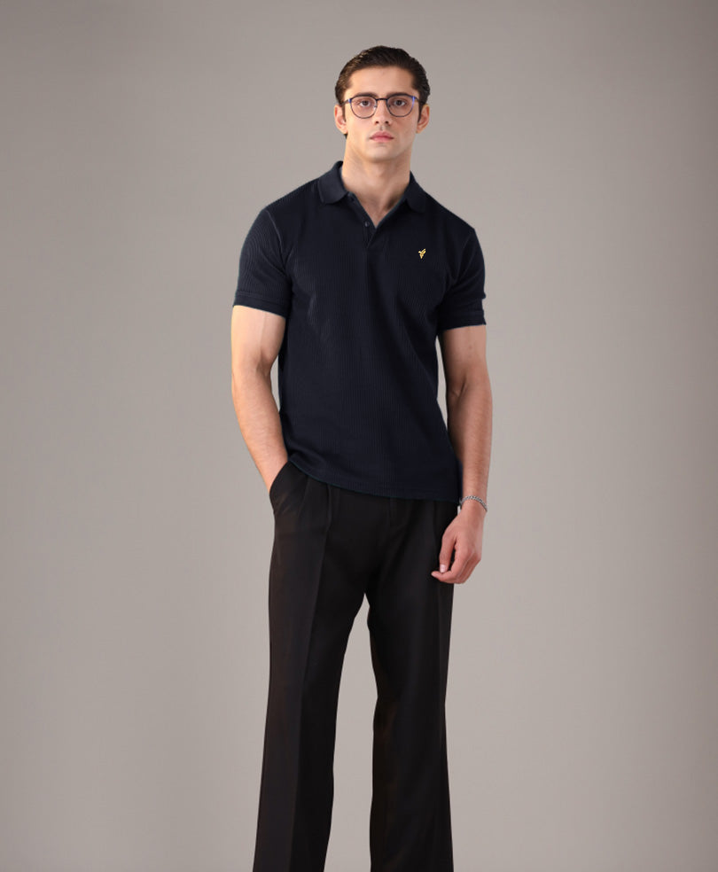 Men's Navy Men’s Textured Ribbed Polo – Midnight Navy styled with chinos, Harmain Leathers