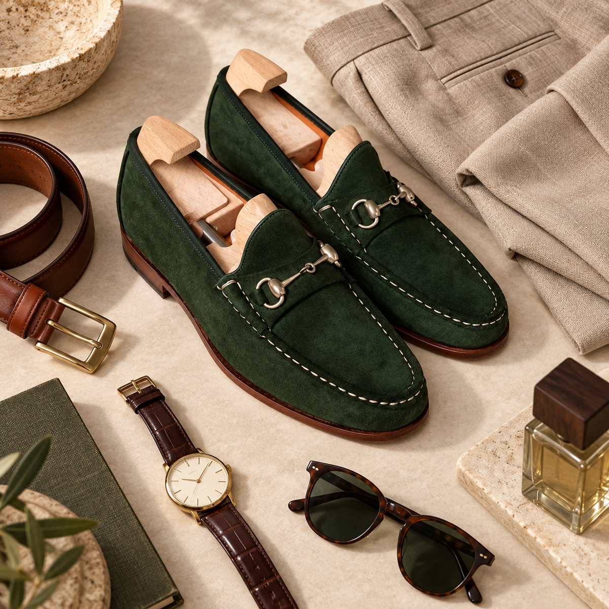 Harmain Leathers Men's Green Suede Horsebit Loafers | Handcrafted Genuine Leather