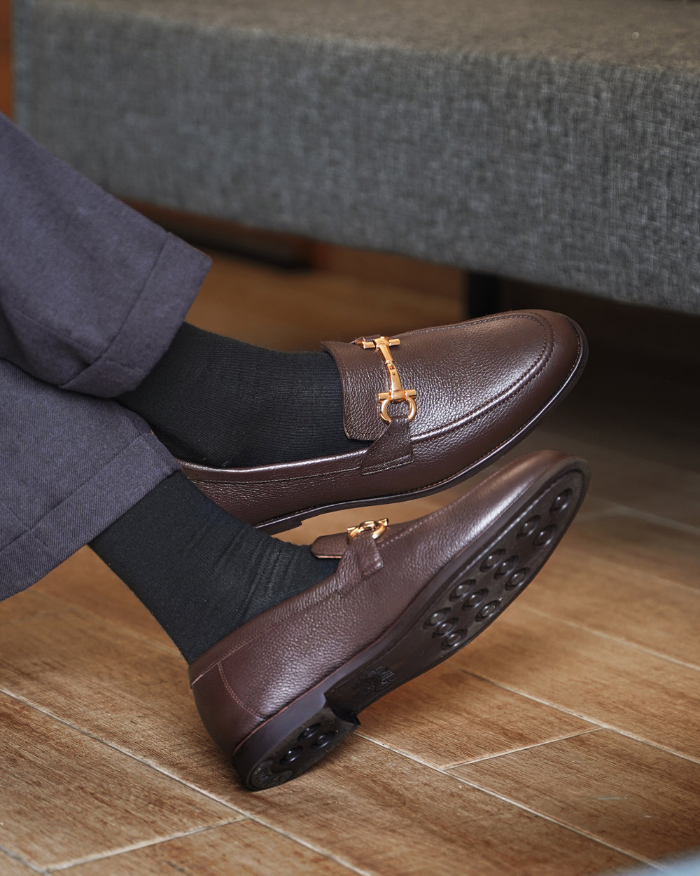 Dark Brown Pebble Grain Horsebit Loafers
