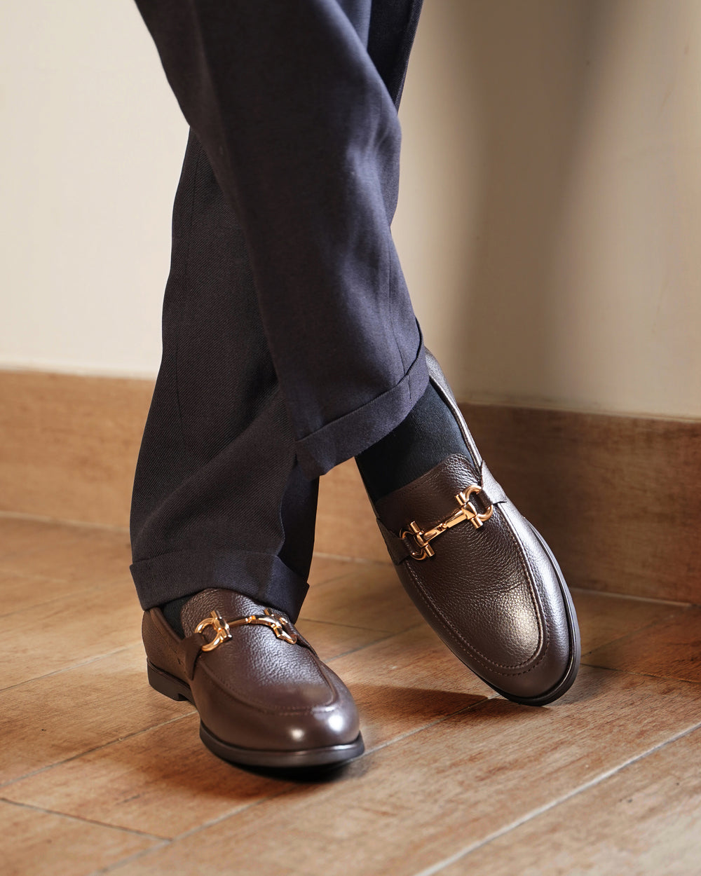 Dark Brown Pebble Grain Horsebit Loafers