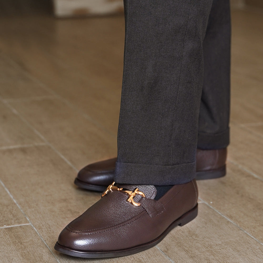 Dark Brown Pebble Grain Horsebit Loafers