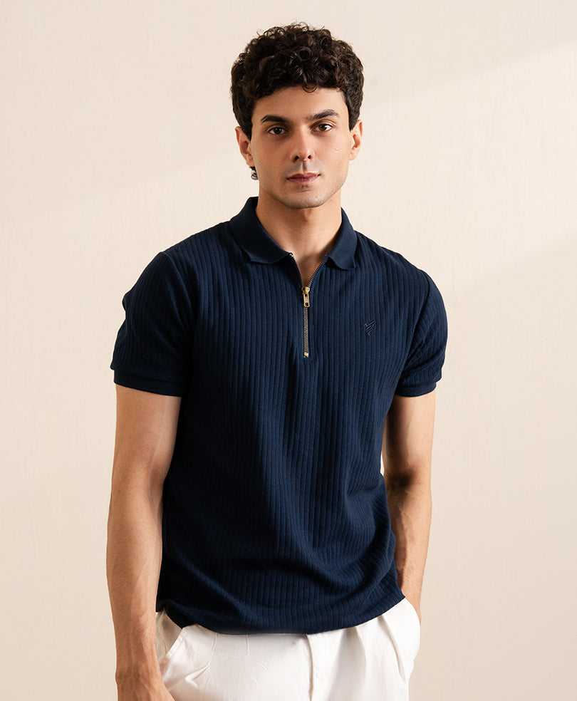 Harmain Leathers Men's Navy Men’s Quarter-zip Ribbed Knit Polo – Midnight Navy, front view