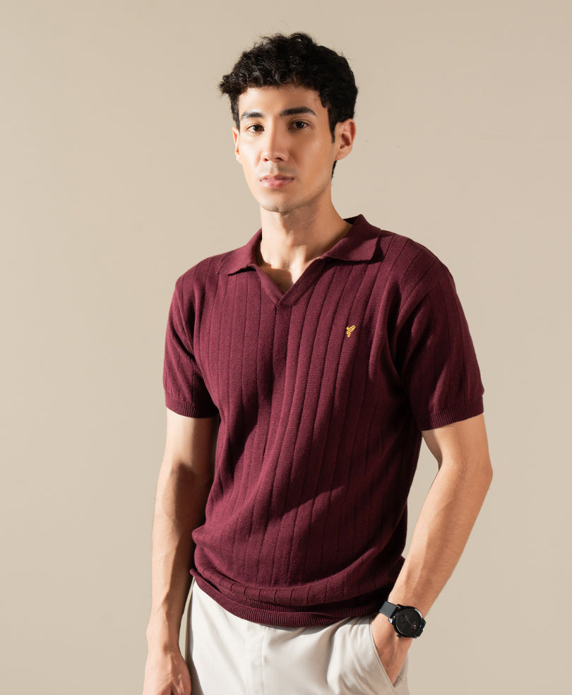 Harmain Leathers Men's Red Men’s Relaxed V-neck Ribbed Knit Polo – Heritage Burgundy, front view