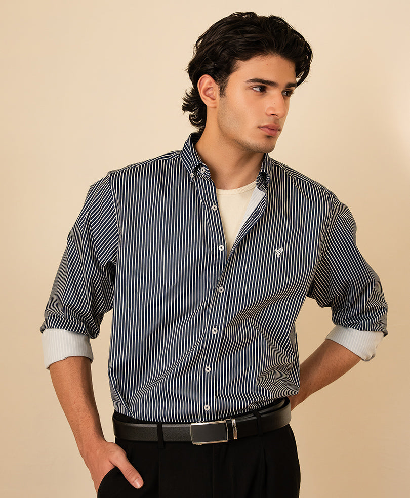 Harmain Leathers Men's Striped Men’s Tailored Bengal Stripe Oxford Shirt – Midnight Navy & White, front view
