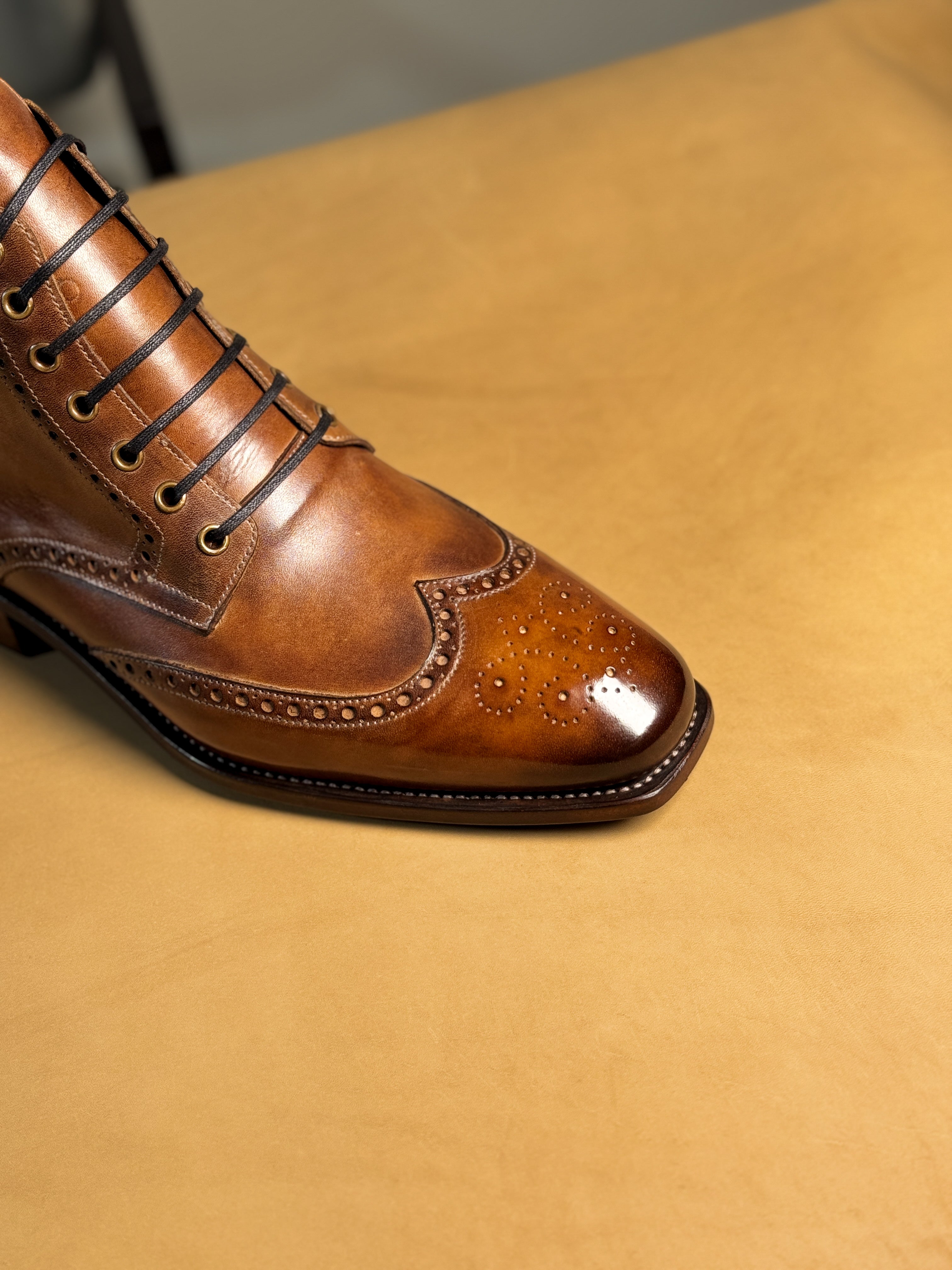 The Lancaster Burnished Brown Brogue Boot - Handcrafted Full-Grain