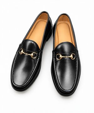 Men's black gold bit leather loafers, front view showing tan leather lining