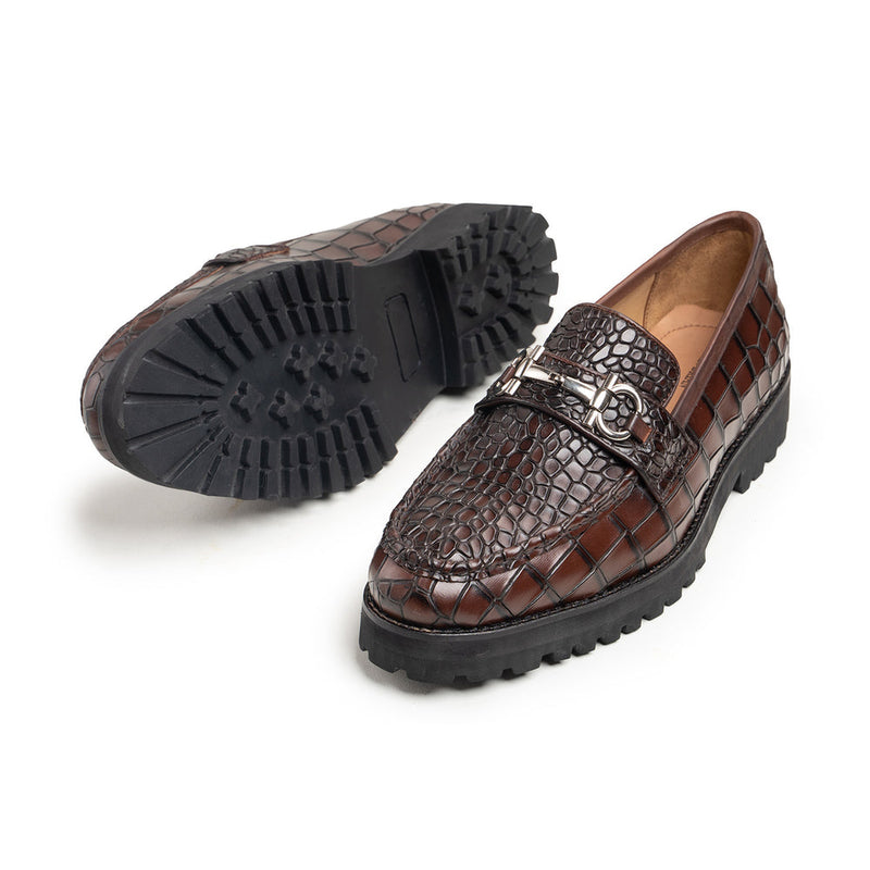 Harmain Leathers Men's Animal Leather Brown Croc-Embossed Leather, front view, genuine leather craftsmanship