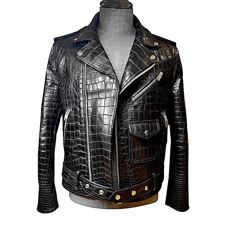 Black crocodile leather jacket on a mannequin with a white background