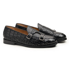 Harmain – Schwarze Monkstrap-Loafer aus krokodilgeprägtem Leder für Herren – Luxuriöse Abendschuhe
