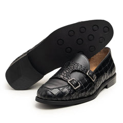 Harmain – Schwarze Monkstrap-Loafer aus krokodilgeprägtem Leder für Herren – Luxuriöse Abendschuhe