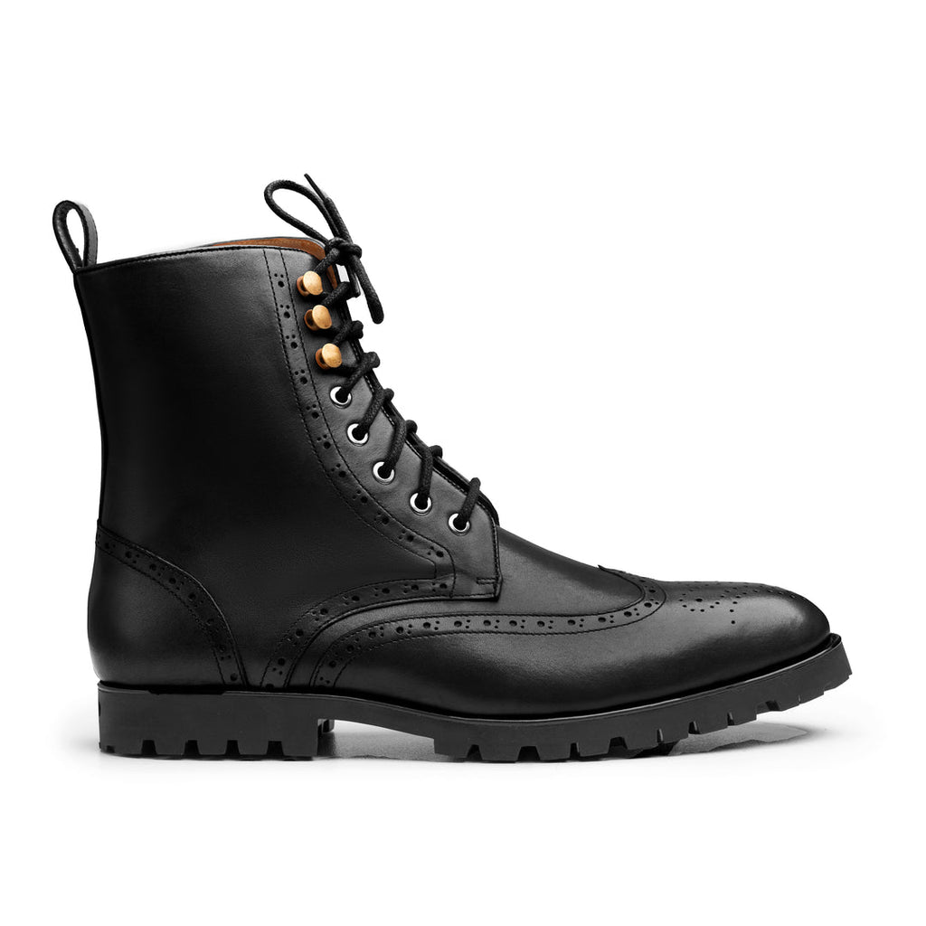 Men's Black Leather Brogue Boots - Chunky Sole Lace-Up UK