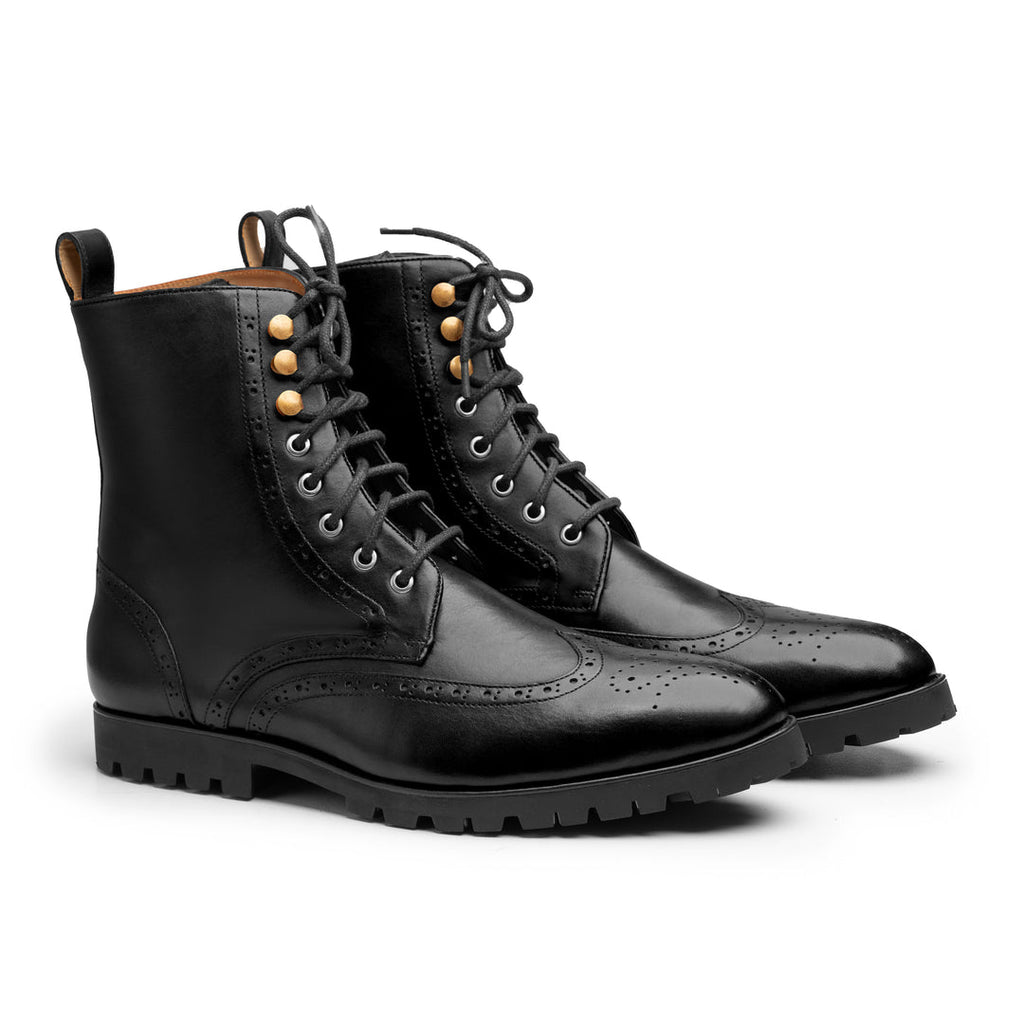 Men's Black Leather Brogue Boots - Chunky Sole Lace-Up UK