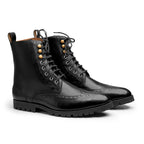 Men's Black Leather Brogue Boots - Chunky Sole Lace-Up UK