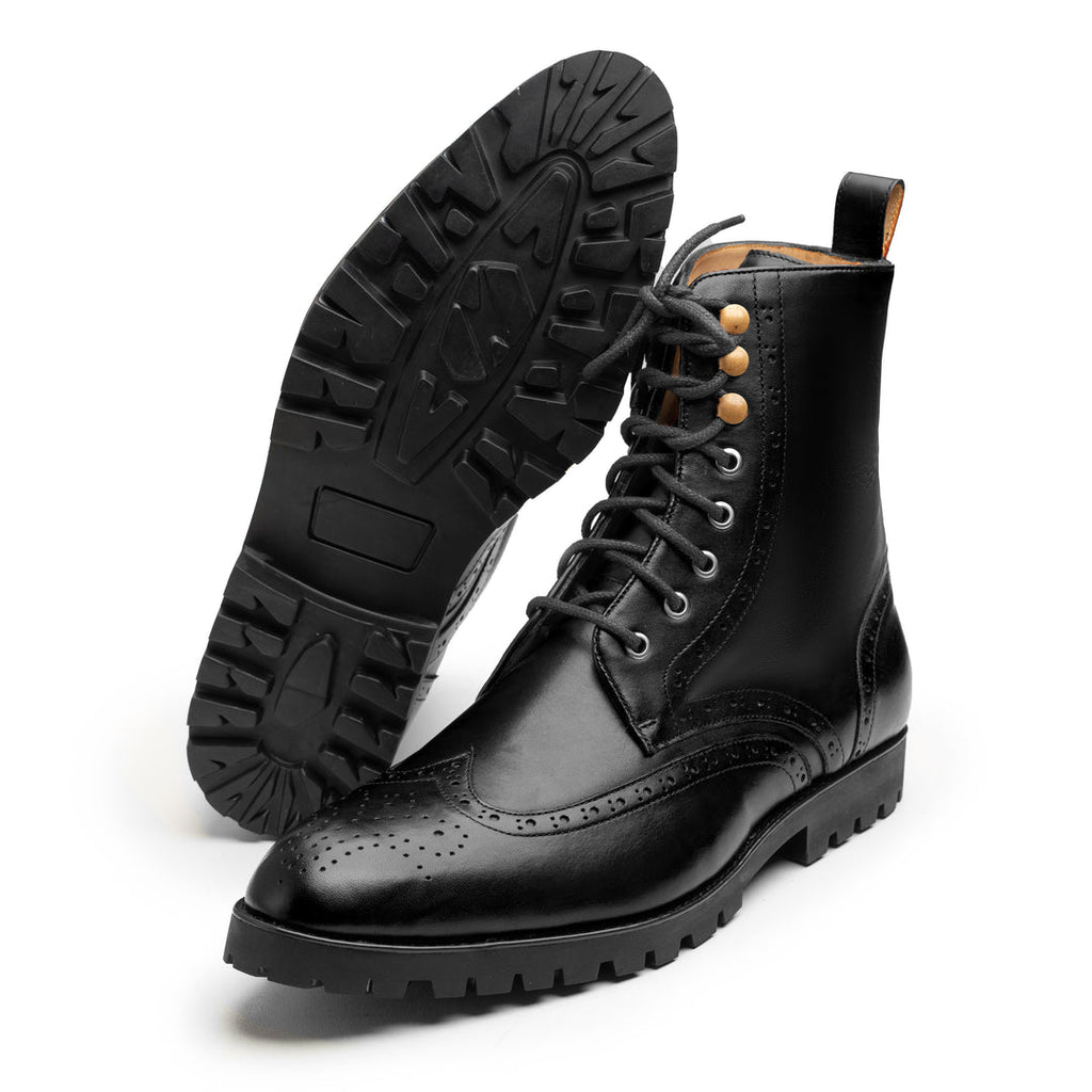 Men's Black Leather Brogue Boots - Chunky Sole Lace-Up UK