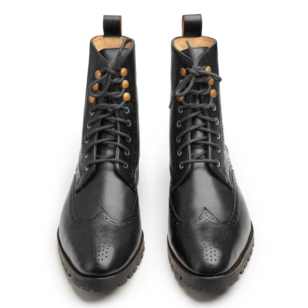 Men's Black Leather Brogue Boots - Chunky Sole Lace-Up UK