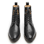Men's Black Leather Brogue Boots - Chunky Sole Lace-Up UK