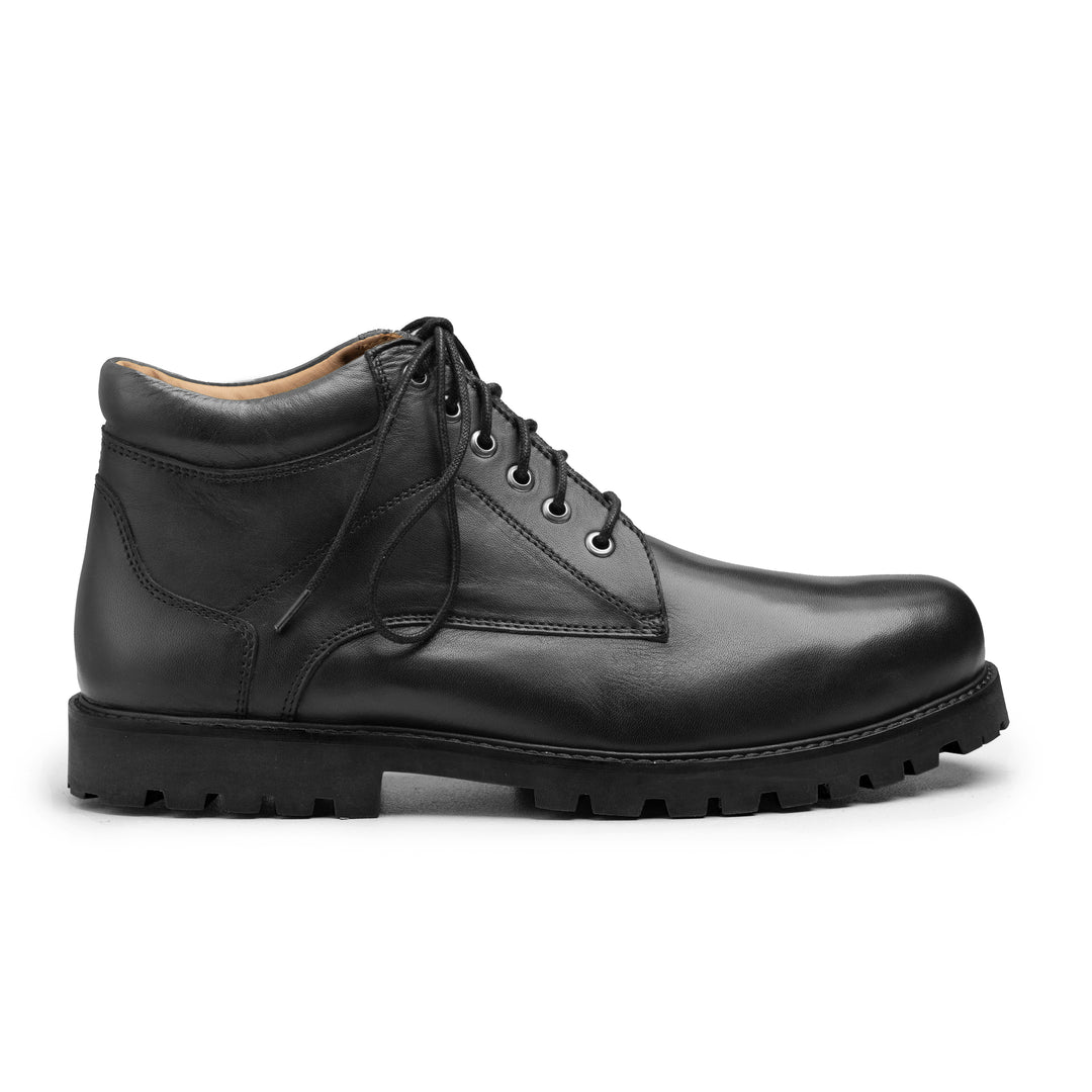 Men's Black Black Leather Lace-up Ankle Boots with Chunky Commando Sole styled with denim, Harmain Leathers
