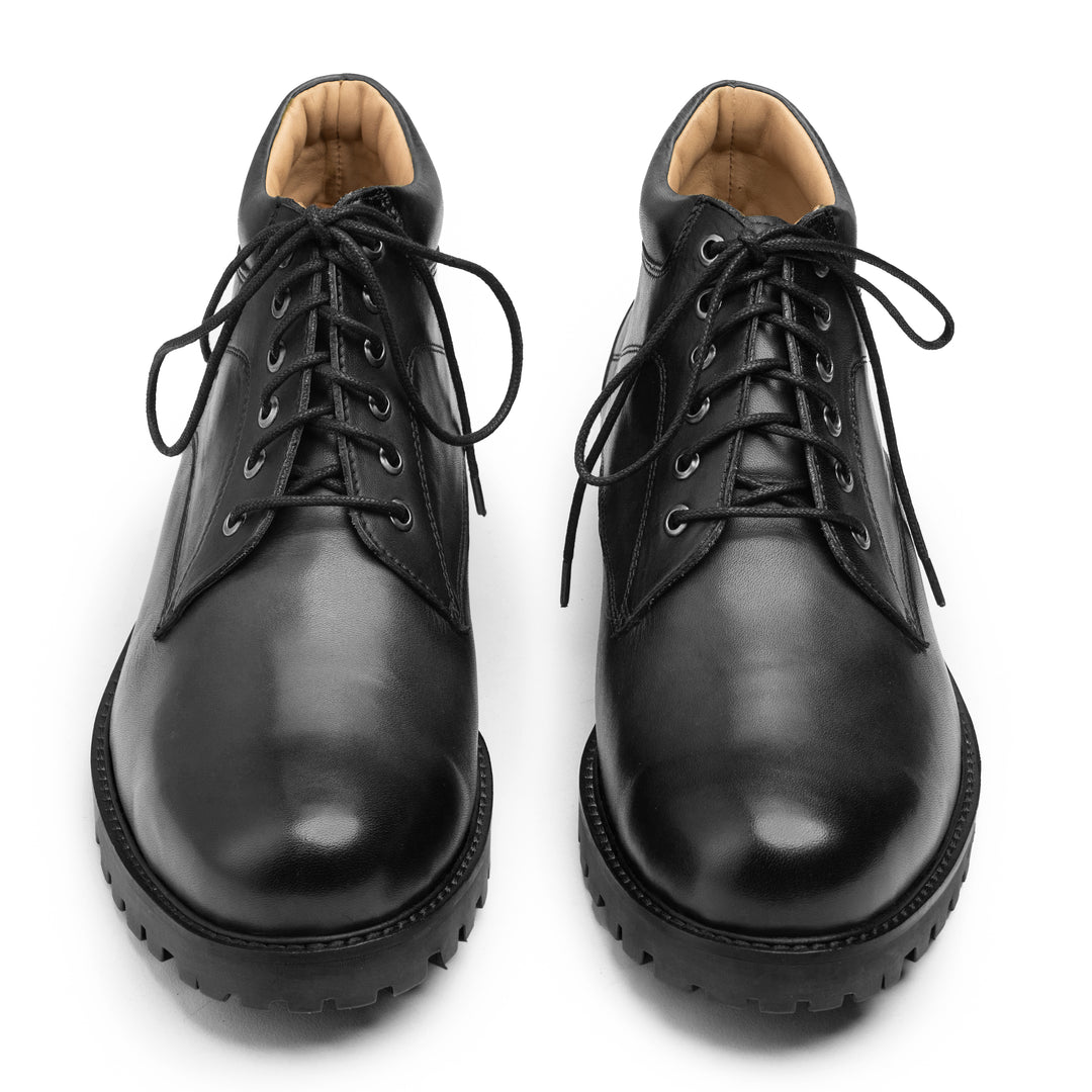 Black Leather Lace-Up Ankle Boots with Chunky Commando Sole