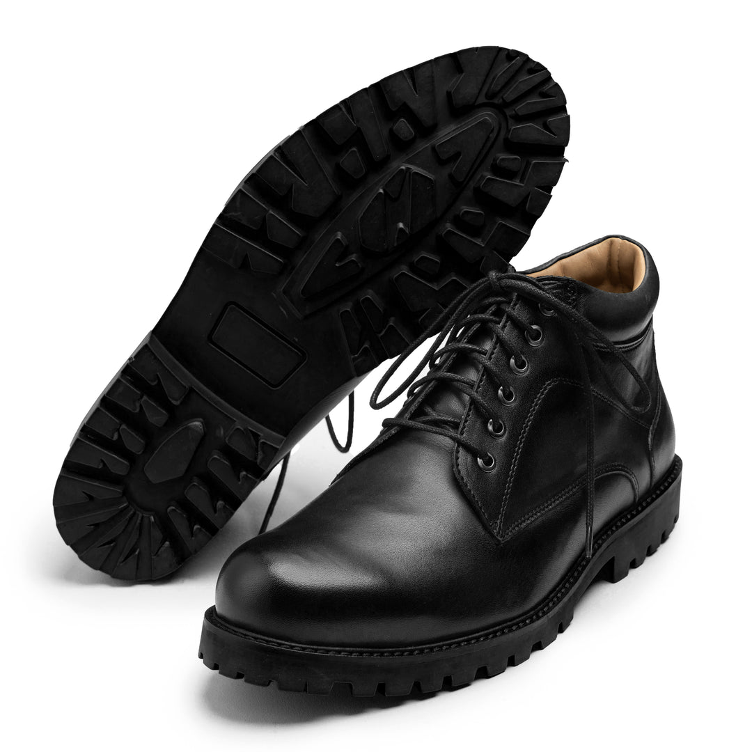 Black Leather Lace-Up Ankle Boots with Chunky Commando Sole