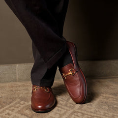 Harmain Leathers- Reddish Brown Pebble Grain Horsebit Loafers