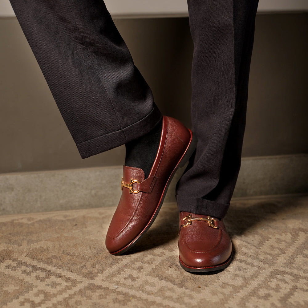 Harmain Leathers- Reddish Brown Pebble Grain Horsebit Loafers