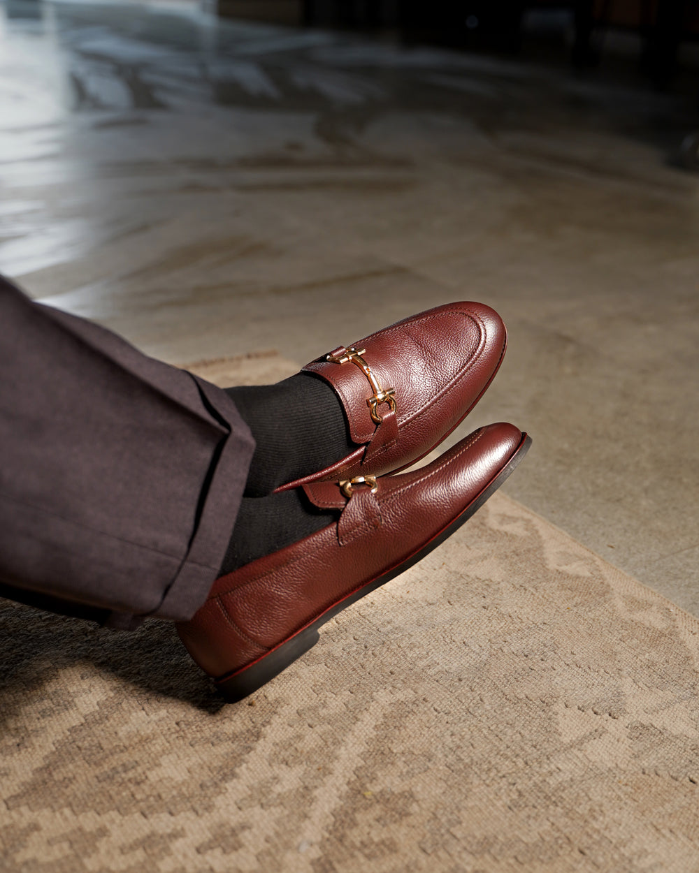 Harmain Leathers- Reddish Brown Pebble Grain Horsebit Loafers